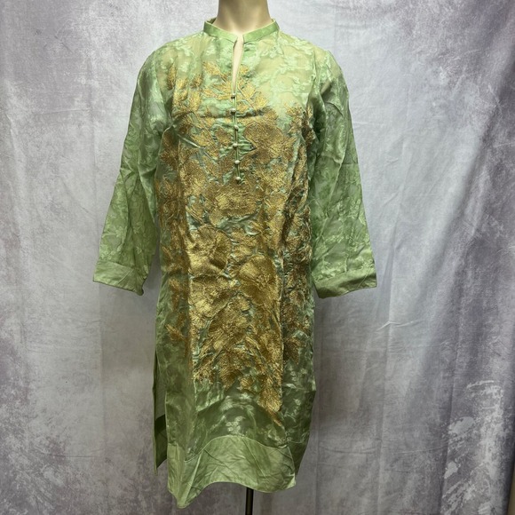 Agha Noor Kurta Tunic Womens S Embroidered Gold Lime Green Gauzy Pakistani - Picture 2 of 14